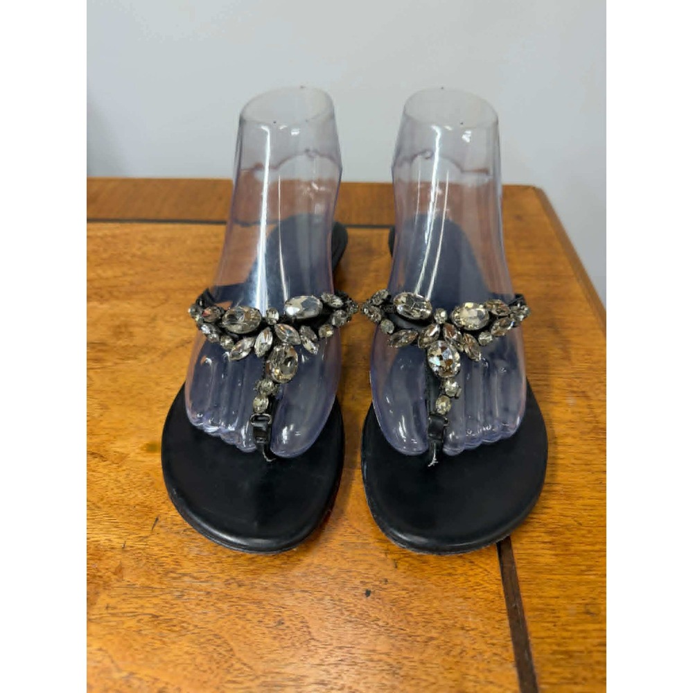 Vera Wang Lavender 6 Black‎ Leather Crystal Embellished Thong Sandals Flat Jewel